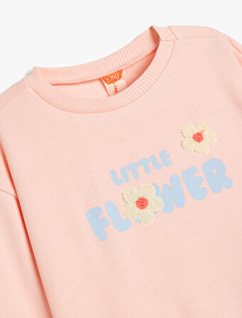 Sweatshirt Uzun Kollu Çiçek Baskılı Bisiklet Yaka Şardonlu Pamuklu