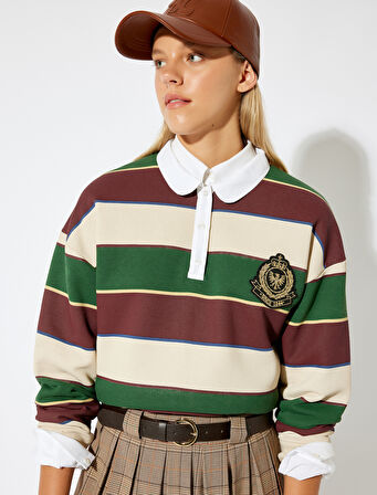 Polo Yaka Renk Bloklu Nakışlı Düğmeli Rahat Kalıp Sweatshirt