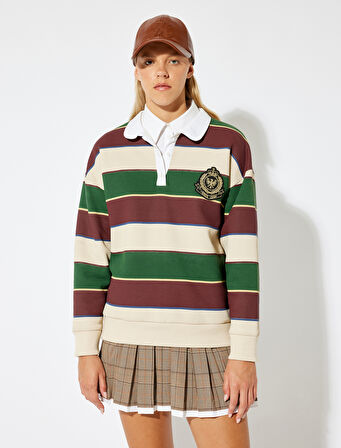 Polo Yaka Renk Bloklu Nakışlı Düğmeli Rahat Kalıp Sweatshirt