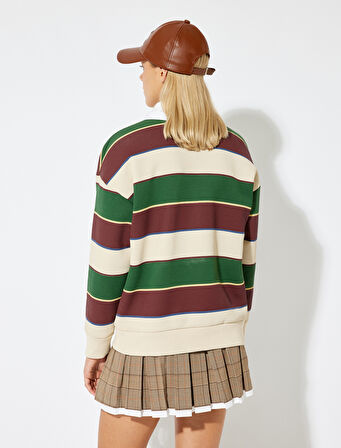 Polo Yaka Renk Bloklu Nakışlı Düğmeli Rahat Kalıp Sweatshirt