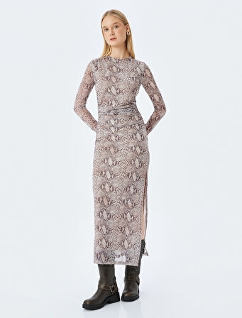 Bisiklet Yaka Yılan Derisi Desenli Uzun Kollu Tül Uzun Elbise