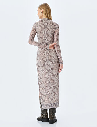 Bisiklet Yaka Yılan Derisi Desenli Uzun Kollu Tül Uzun Elbise