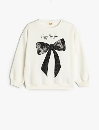 Fiyonklu Sweatshirt Pullu Payetli Uzun Kollu Bisiklet Yaka Şardonlu