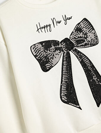 Fiyonklu Sweatshirt Pullu Payetli Uzun Kollu Bisiklet Yaka Şardonlu