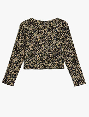 Leopar Desenli Bluz Uzun Kollu Bisiklet Yaka 