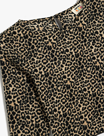 Leopar Desenli Bluz Uzun Kollu Bisiklet Yaka 