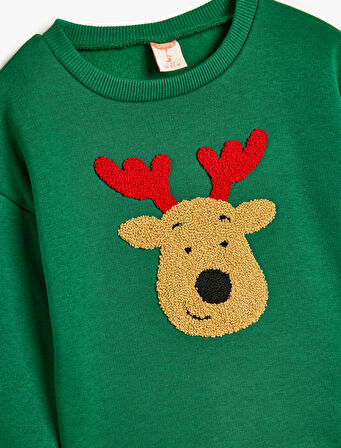 Sweatshirt Geyik Aplike Detaylı Uzun Kollu Bisiklet Yaka Şardonlu