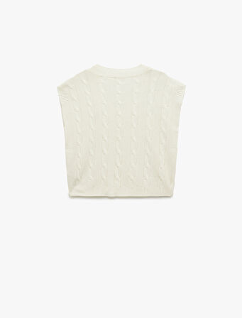 Ayıcık Nakış Detaylı Kolsuz V Yaka Saç Örgü Süveter