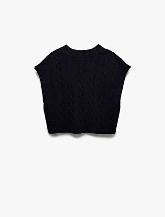 Ayıcık Nakış Detaylı Kolsuz V Yaka Saç Örgü Süveter