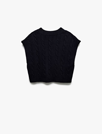 Ayıcık Nakış Detaylı Kolsuz V Yaka Saç Örgü Süveter