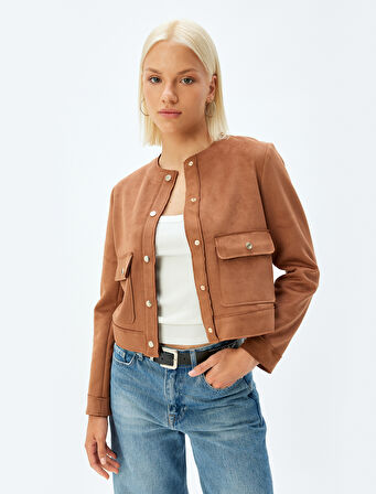 Suni Süet Ceket Yuvarlak Yaka Kapaklı Cep Detaylı Çıt Çıt Düğmeli