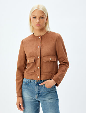 Suni Süet Ceket Yuvarlak Yaka Kapaklı Cep Detaylı Çıt Çıt Düğmeli