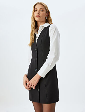Slim Fit Gömlek Yaka Düğmeli Kolsuz Mini Jile Elbise 