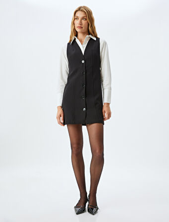 Slim Fit Gömlek Yaka Düğmeli Kolsuz Mini Jile Elbise 