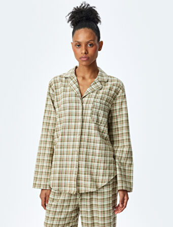 Pamuklu Gömlek Yaka Uzun Kollu Ekose Pijama Üstü