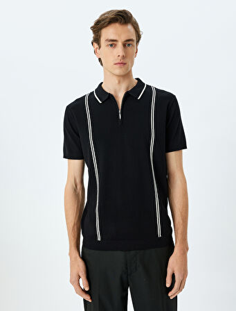 Yarım Fermuarlı Çizgi Detaylı Kısa Kollu Triko Tişört