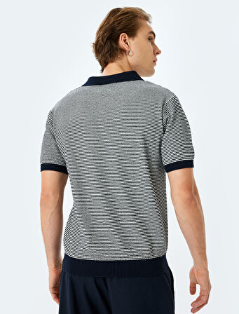 Polo Yaka Pamuklu Çizgili Kısa Kollu Triko Tişört