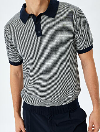 Polo Yaka Pamuklu Çizgili Kısa Kollu Triko Tişört