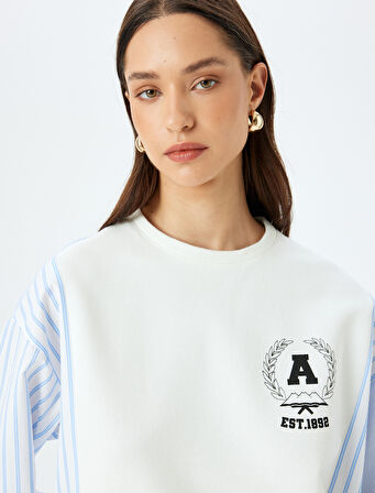 İki farklı Kumaş Kullanımlı Uzun Kollu Bisiklet Yaka Çizgili Sweatshirt 