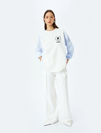 İki farklı Kumaş Kullanımlı Uzun Kollu Bisiklet Yaka Çizgili Sweatshirt 