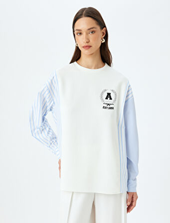 İki farklı Kumaş Kullanımlı Uzun Kollu Bisiklet Yaka Çizgili Sweatshirt 