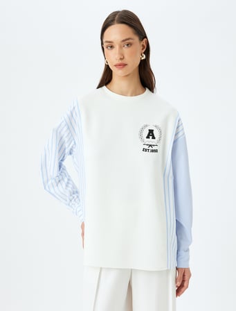 İki farklı Kumaş Kullanımlı Uzun Kollu Bisiklet Yaka Çizgili Sweatshirt 
