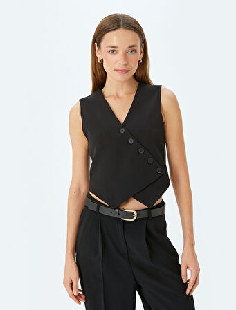 Düğmeli Asimetrik V Yaka Crop Yelek 