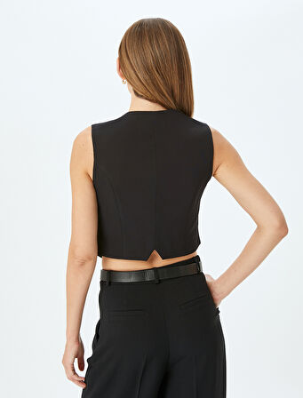 Düğmeli Asimetrik V Yaka Crop Yelek 