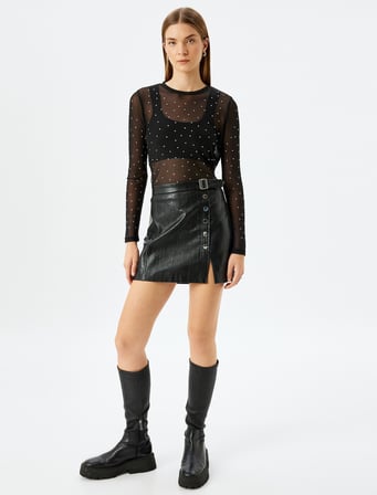 Uzun Kollu Yuvarlak Yaka Slim Fit Taşlı Tül Transparan Tişört
