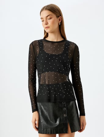 Uzun Kollu Yuvarlak Yaka Slim Fit Taşlı Tül Transparan Tişört