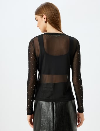 Uzun Kollu Yuvarlak Yaka Slim Fit Taşlı Tül Transparan Tişört