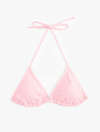 Fitilli Floral Dokulu Boyundan Bağlamalı Üçgen Bikini Üstü