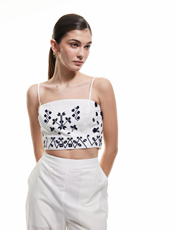 Slim Fit Pamuklu Etnik Desenli İnce Askılı Crop Büstiyer