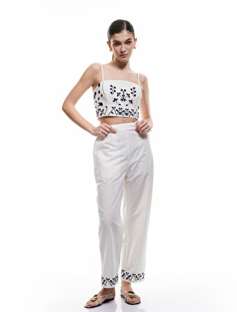 Slim Fit Pamuklu Etnik Desenli İnce Askılı Crop Büstiyer