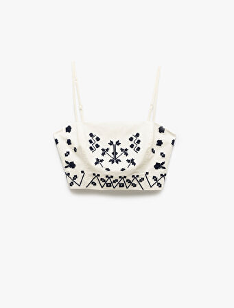 Slim Fit Pamuklu Etnik Desenli İnce Askılı Crop Büstiyer