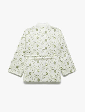 Pamuklu Floral İşlemeli Fisto Kruvaze Oversize Kimono Ceket