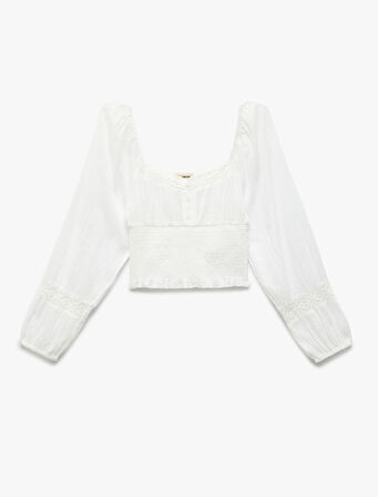 Pamuklu Fistolu Gipe Detaylı Kare Yaka Uzun Balon Kollu Bluz