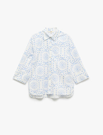 Pamuklu 3/4 Kol Klasik Yaka Etnik Desenli Uzun Poplin Gömlek