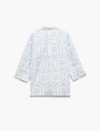 Pamuklu 3/4 Kol Klasik Yaka Etnik Desenli Uzun Poplin Gömlek