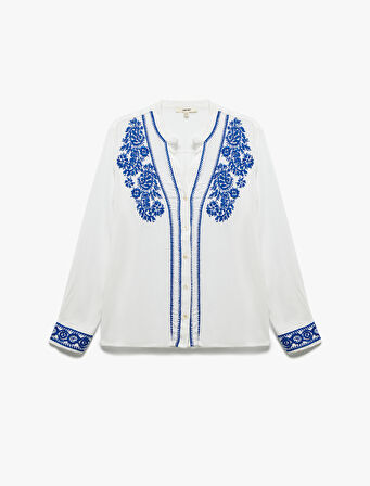 Uzun Kollu Hakim Yaka Viskon Nakış Detaylı Çiçekli Gömlek