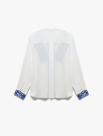 Uzun Kollu Hakim Yaka Viskon Nakış Detaylı Çiçekli Gömlek