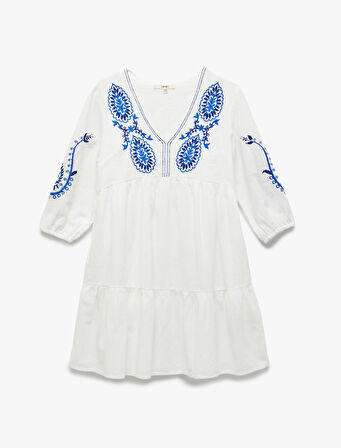 Pamuklu Bol Kalıp Astarlı Nakışlı Etnik Desenli Uzun Balon Kollu V Yaka Elbise