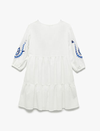 Pamuklu Bol Kalıp Astarlı Nakışlı Etnik Desenli Uzun Balon Kollu V Yaka Elbise