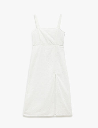 Pamuklu Yırtmaç Detaylı Fistolu Brodeli Midi Askılı Elbise