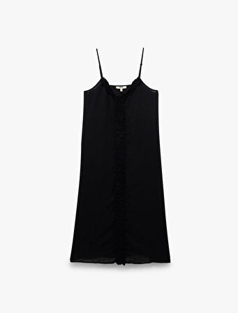 Pamuklu Geniş Kesim Püsküllü Cepli İnce Askılı Midi Boy Elbise