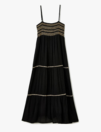 Kroşe Detaylı İnce Askılı Viskon Uzun Elbise