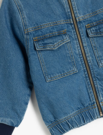 Pamuklu Uzun Kollu Kapaklı Cepli Oversize Bomber Denim Ceket