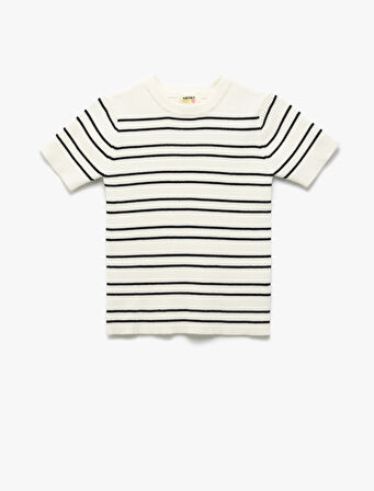 Pamuklu Bisiklet Yaka Kısa Kollu Çizgili Triko Kazak