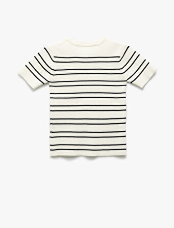 Pamuklu Bisiklet Yaka Kısa Kollu Çizgili Triko Kazak