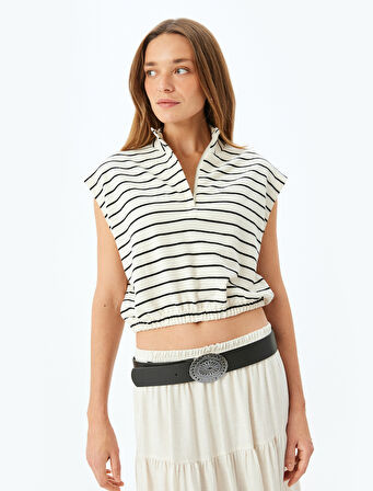 Yarım Fermuarlı Dik Yaka Kolsuz Crop Çizgili Sweatshirt 